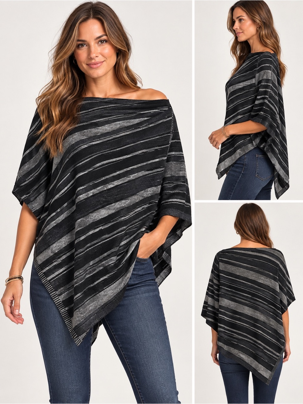 Lane Bryant Womens 18 Striped Knit Shawl Sweater Pancho Fall Winter Asymmetrical